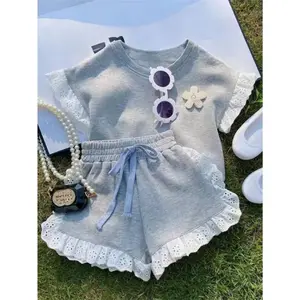 Charming Two-Piece Outfit for Girls, Featuring a Short-Sleeve T-Shirt with Lace Flower Details And Lace-Edged Shorts, Perfect for Summer, for Outdoor  GiftGift