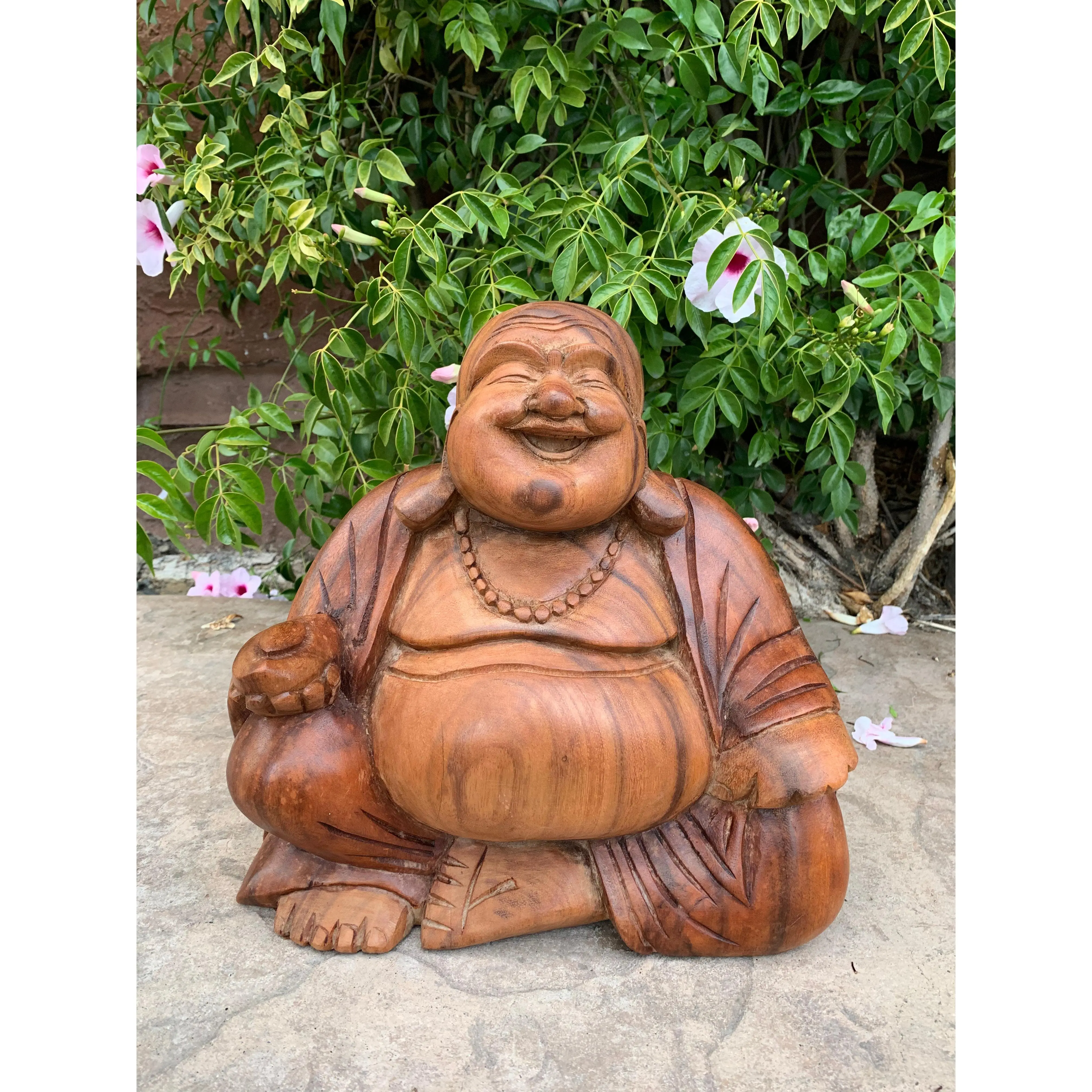 Happy Laughing Lucky Buddha Statue Mahogany Wood Hand Carved 13"x 12"x 6"