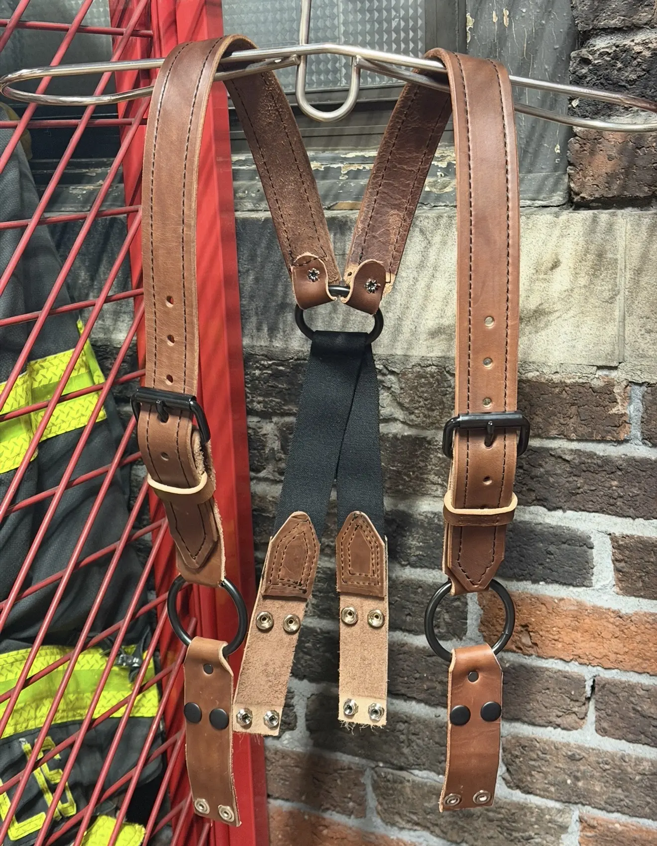 Leather firefighter suspenders - BROWN
