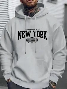 Men's New York Letter Print Fleece Hoodie, Drawstring Pocket Long Sleeve Pullover, Casual Fashion Top for Fall & Winter, Graphic Print Hoodie
