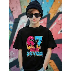 Tween Boy Casual Creative Numeric 67 Graphic Print Short Sleeve T-Shirt, Comfortable Cozy Summer & Fall Styles, Suitable For Boys' Daily Wear