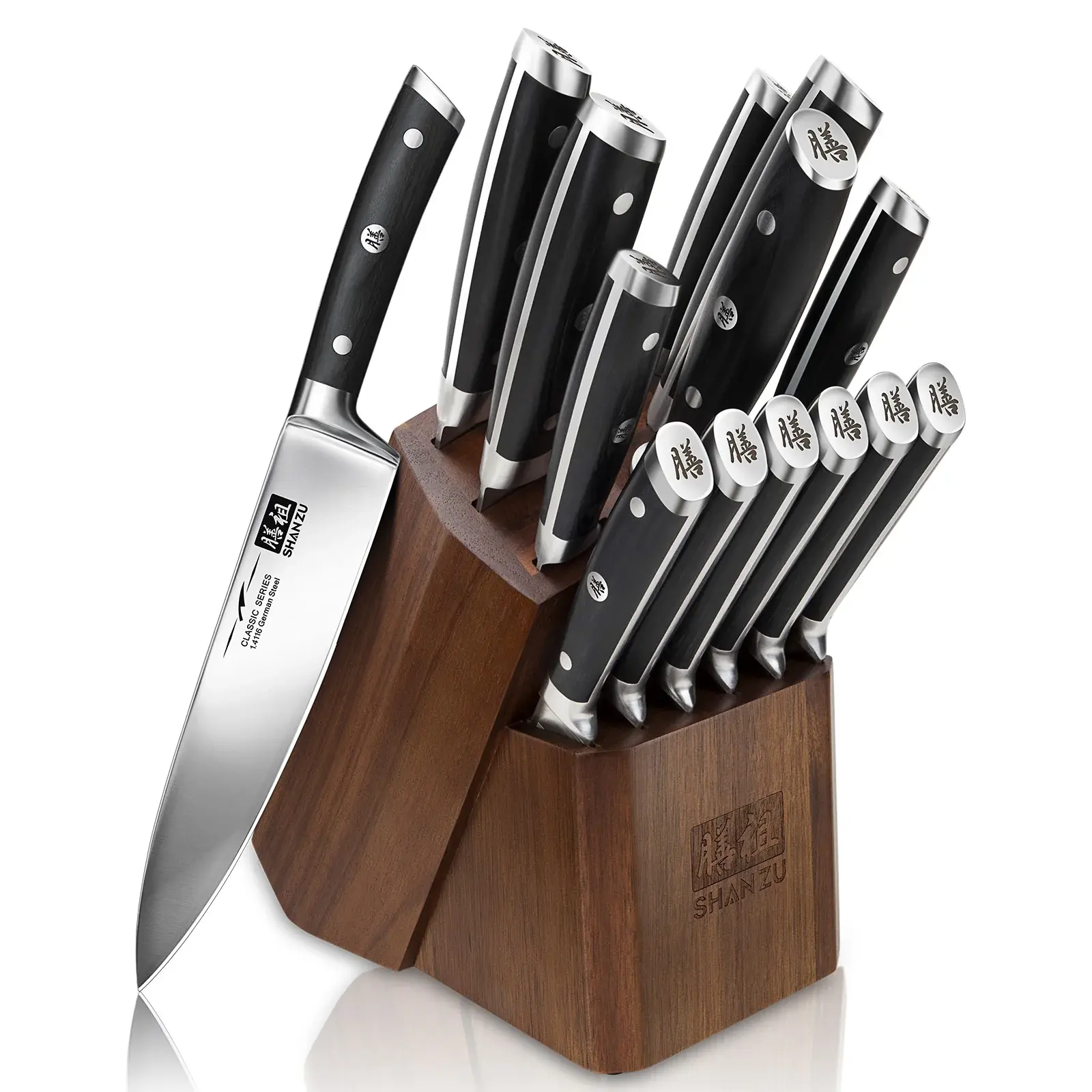 SHAN ZU 14-Pc German High-Carbon Stainless Steel Knife Set - Modern Ergonomic Blade Collection with Elegant Wood Block, Ideal for Home Kitchens & Gifting