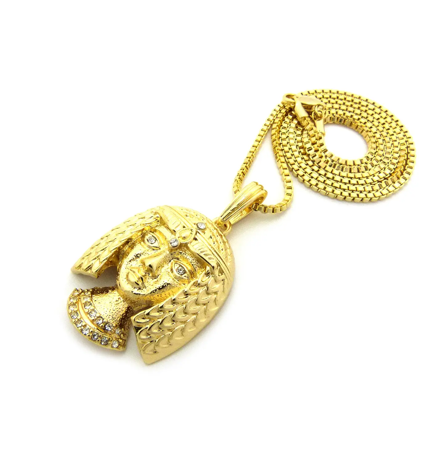 BA UNIQUE FASHION Queen of Egypt Cleopatra Face Pendant 2mm 18" 20" 24" Box Chain Fashion Necklace for Halloween Custom Gold-Tone Jewelry