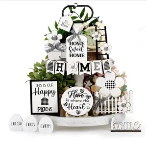 Tatuo 1 Set Tiered Tray Decor Set Home Wooden Signs Rustic Home Tabletop Sign Tiered Tray Decor Farmhouse Home Decor Wood Signs for Home Kitchen Table Decor (Home Style) Decoration Flower