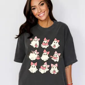Pink Ghost Shirt, Ghost Collage Sweater, Halloween Cute Pink Reading Ghost Sweater, Mini Ghost Hoodie Ghost, Summerwwen Womenswear Tops Women Underwear Lady Crewneck Streetwear Round Neck Tshirt Casual T-Shirt Baggy Comfort Loose