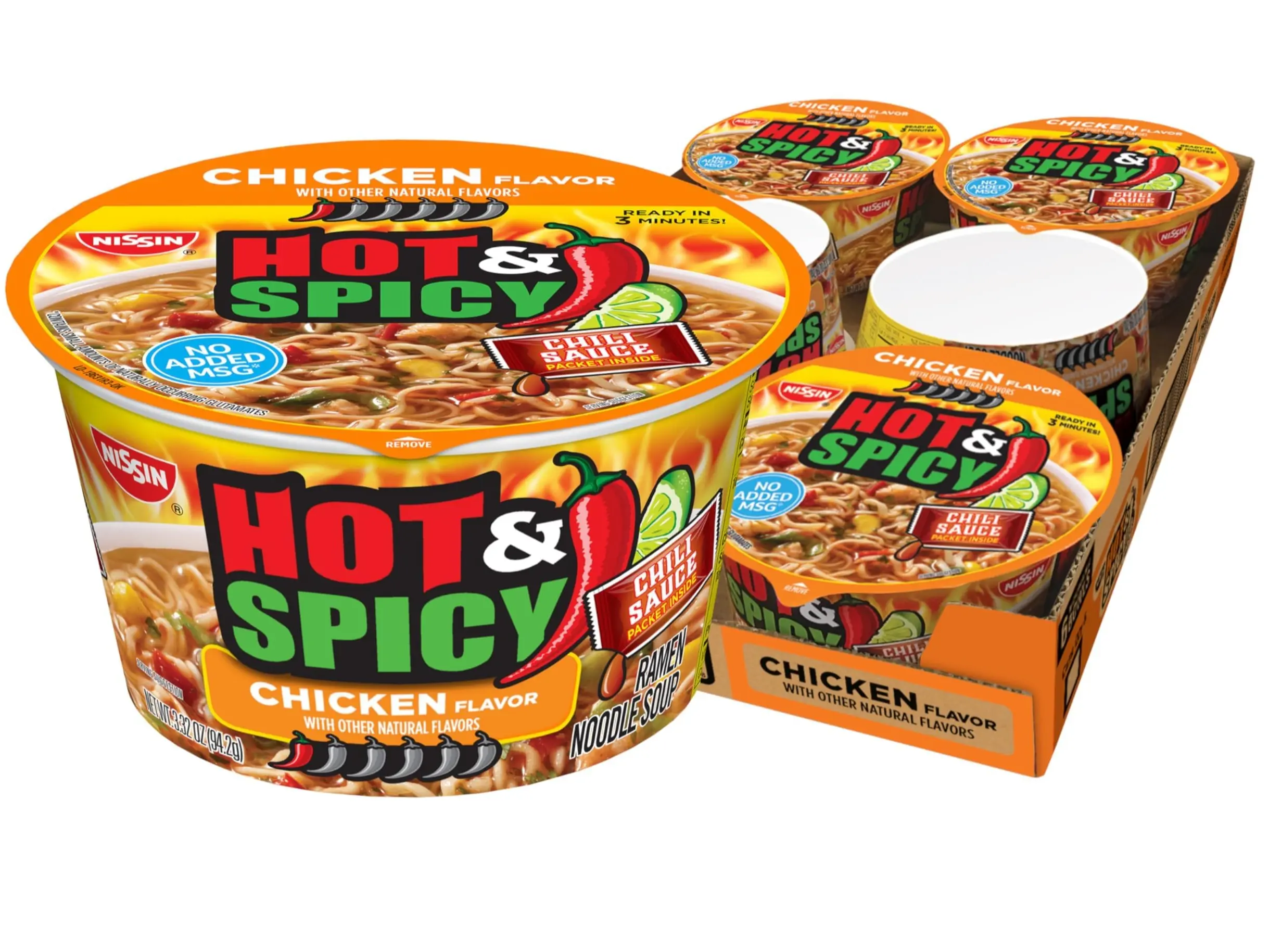 Hot and Spicy Chicken Instant Ramen Noodle Soup Bowl, Microwaveable, Chili Lime Flavor, No Added MSG, 3.32 oz, 6 Pack
