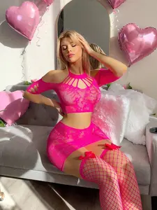 UrbanAthleteStore x PetitDoll 4Pcs Set Women's Sexy Lingerie Jumpsuit With Stockings, High Elastic Mesh Jumpsuit, Hot Pink For Going Out