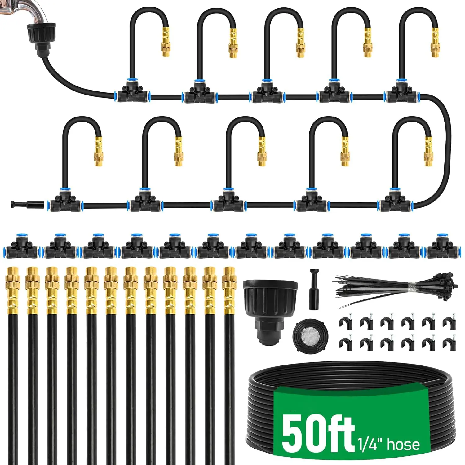 50 Ft Drip Irrigation System for Garden - Drip Irrigation Kit with 12 360°Adjustable Copper Nozzles Hose, Automatic Atomizing Plant Watering Sprinkler System for Yard, Lawn, Greenhouse, Potted