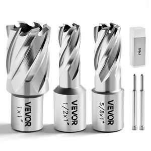 fathersdaygift VEVOR Annular Cutter Set, 5 pcs Weldon Shank Mag Drill Bits Kit, 1 Cutting Depth, 1/2, 5/8, 1 Cutting Diameter, HSS, 3 Drill Bits with 2 Pilot Pins and 3 Plastic Cases, for Magnetic Drills, Steel
