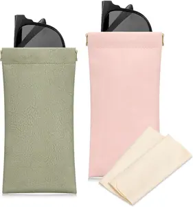 [New Deal] 2 Pcs Soft Eyeglass Cases for Women Portable Squeeze Top Leather Glasses Pouch with Cleaning Cloths Premium Quality Waterproof & Durable Design