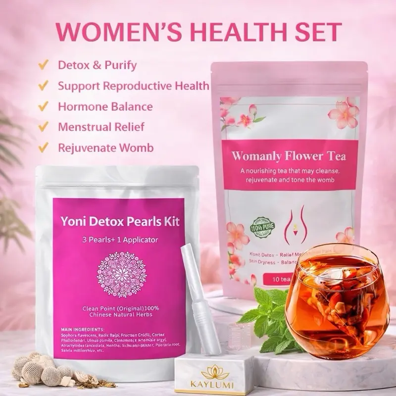 Kaylumi Women's Health Set - Yoni Detox Pearls Kit & Womanly Flower Tea for Reproductive Health & Hormone Balance