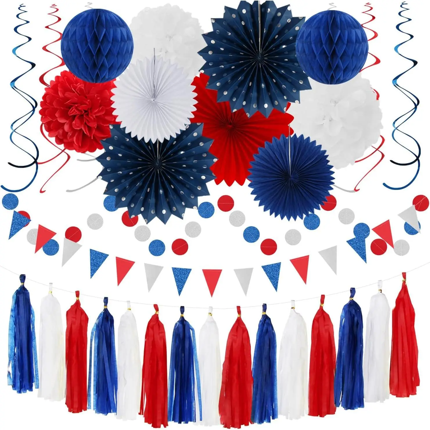 Fourth-4th of July Memorial-Day Party-Decorations - 31 count Red-Blue White- Patriotic Banner,Streamers Garland,Tissue Pom Poms Honeycomb,Paper Lantern Fan,Independence Graduation Decor