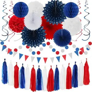 Fourth-4th of July Memorial-Day Party-Decorations - 31 count Red-Blue White- Patriotic Banner,Streamers Garland,Tissue Pom Poms Honeycomb,Paper Lantern Fan,Independence Graduation Decor