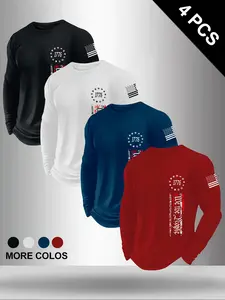 Men's 1776 Patriotic Long Sleeve T-Shirt 4-Pack – 2nd Amendment & American Flag Graphic Tees, USA Patriotic Casual Streetwear Tops (Multiple Colors)