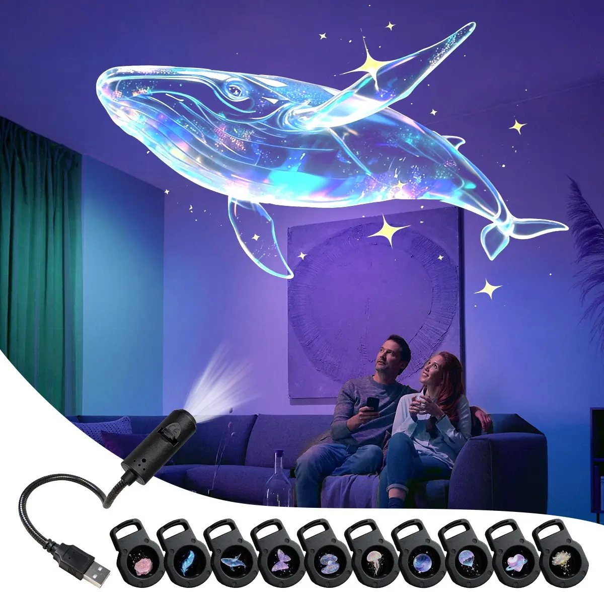 3/6/10pcs Patterns LED Projection Light, LED Dream Projection Night Light 360° Rotatable, Rotation Star Projector, Starry Projector, Starry Sky Projector, Starlight Projector, USB-Powered, Home Decor Light, Suitable for Room, Bedside, Ceiling Decor