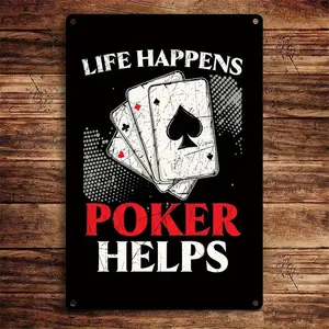 [2D Flat] Vintage Poker-Themed Metal Tin Sign - "Life Happens, Poker Helps" With Ace Of Spades Design - Rustic Wall Decor For Home, Bar, Cafe, Or For Man Cave - Perfect Gift For Poker Enthusiasts, Poker Room Decor