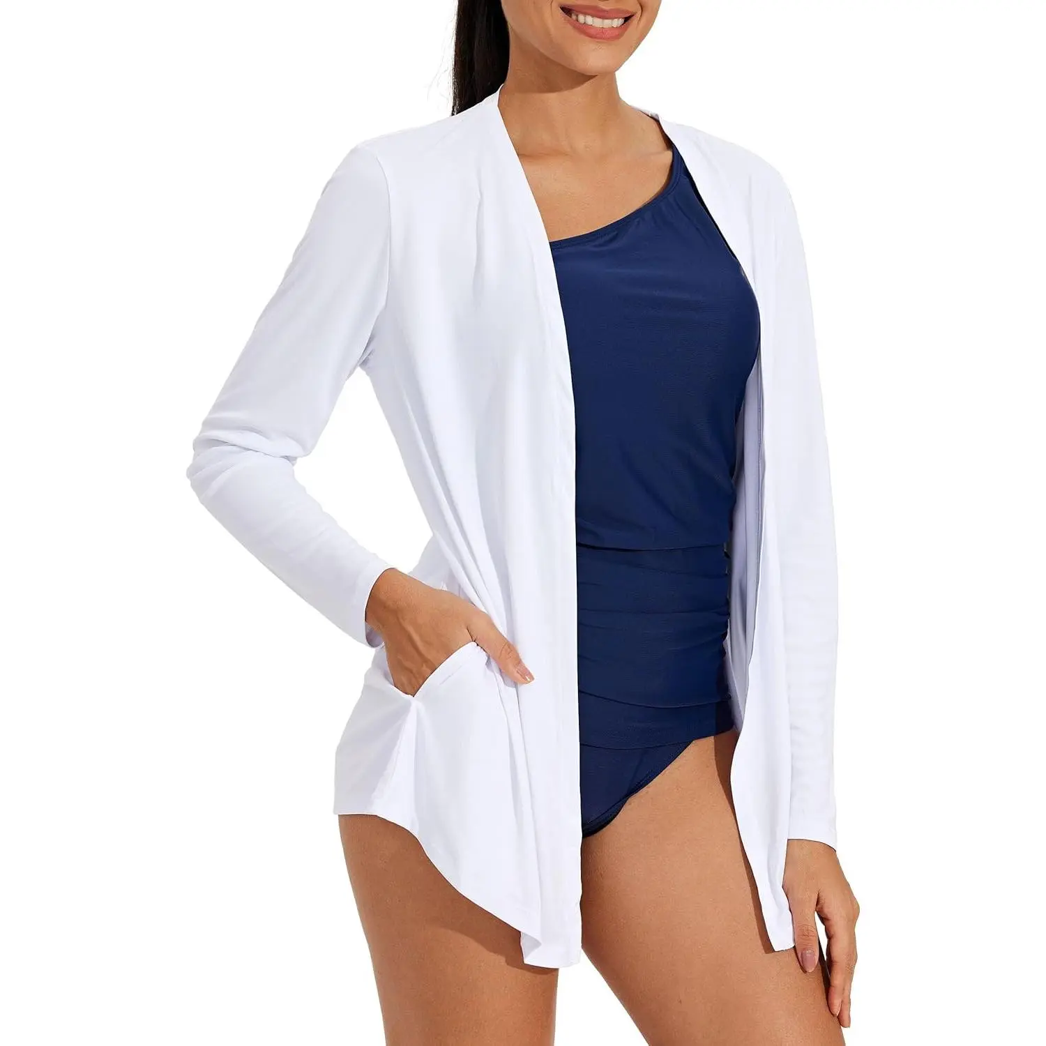 Women's White Long-Sleeve Cotton Knit Wrap Neck Cardigan Tops - Pocketed Knitwear with Sun-Protective, Lightweight, Quick-Dry Fabric for Everyday Outdoor Casual, Minimalist Bridal Use, Lady