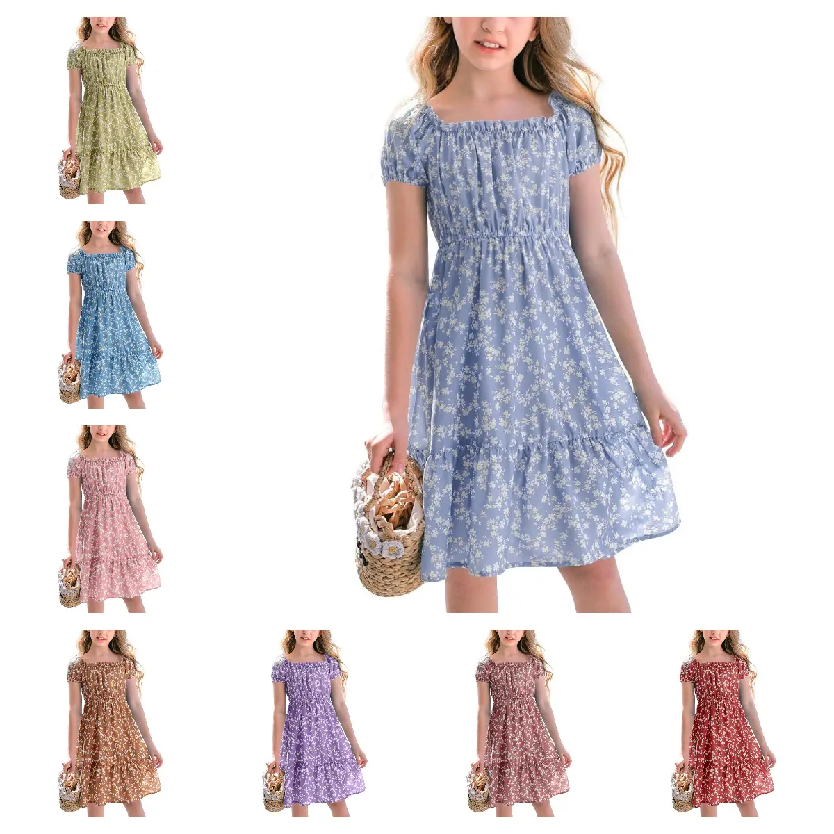 【5-14 Years】Haloumoning Girls Summer Dress Kids Floral Square Neck Puff Sleeve A-Line Midi Dresses
