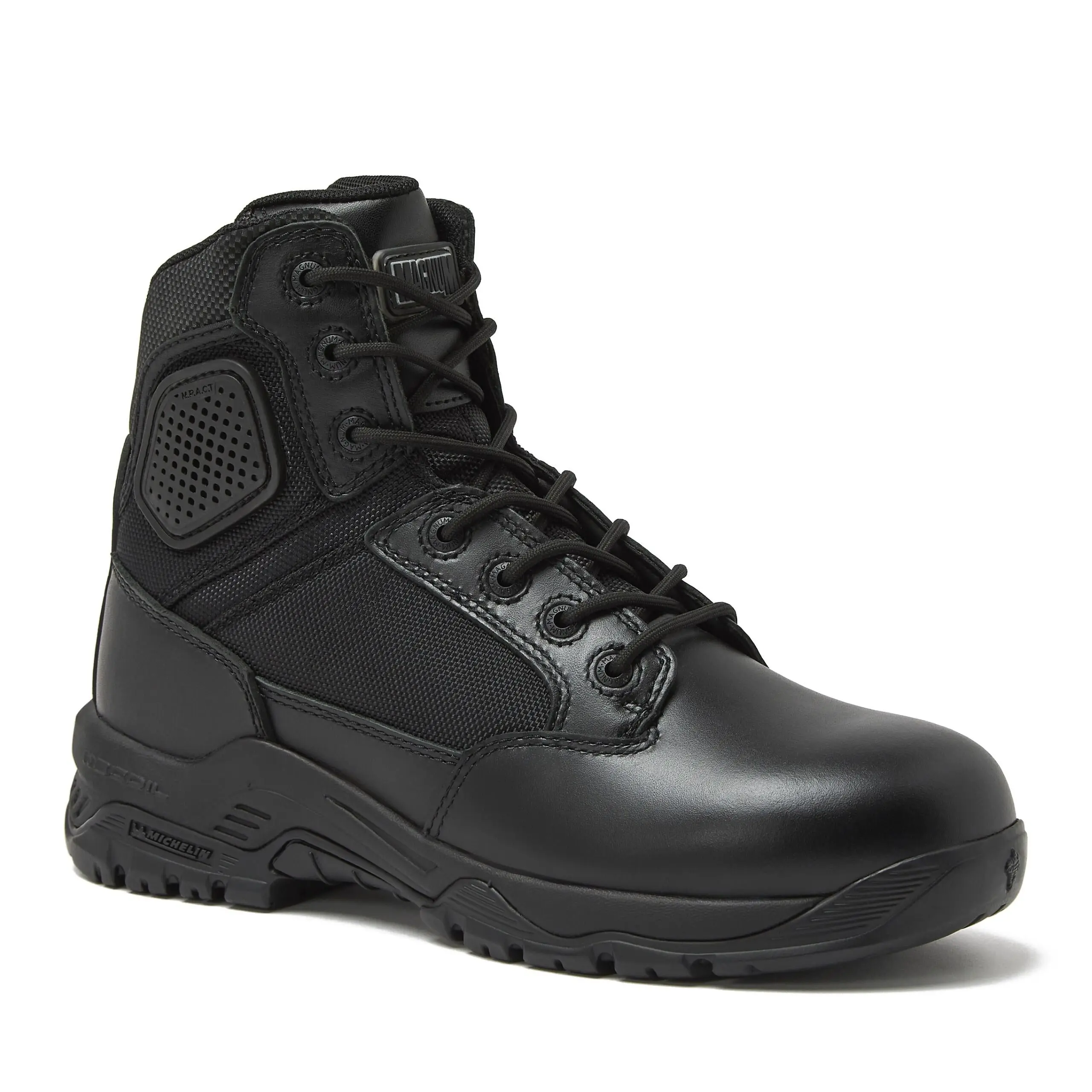 Magnum Strike Force 6 inch High Top Leather Worker Shoe - Tactical Security Footwear with Side Zipper, Slip-Resistant Michelin Composite Bottom, Replaceable M.P.A.C.T Instant Comfort Insole, All Weather Grip, All-Day Support (For Police Use), Breathable,