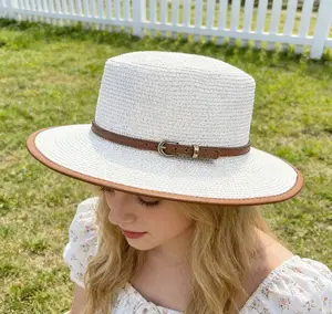 White Straw Boater Hat for Women Men, Wide Brim Flat Top Sun Hat with Leather Belt, UPF 50+ Summer Beach Fedora Hat for Vacation Travelstraw hat, sun hat, fedora, boater hat, panama hat