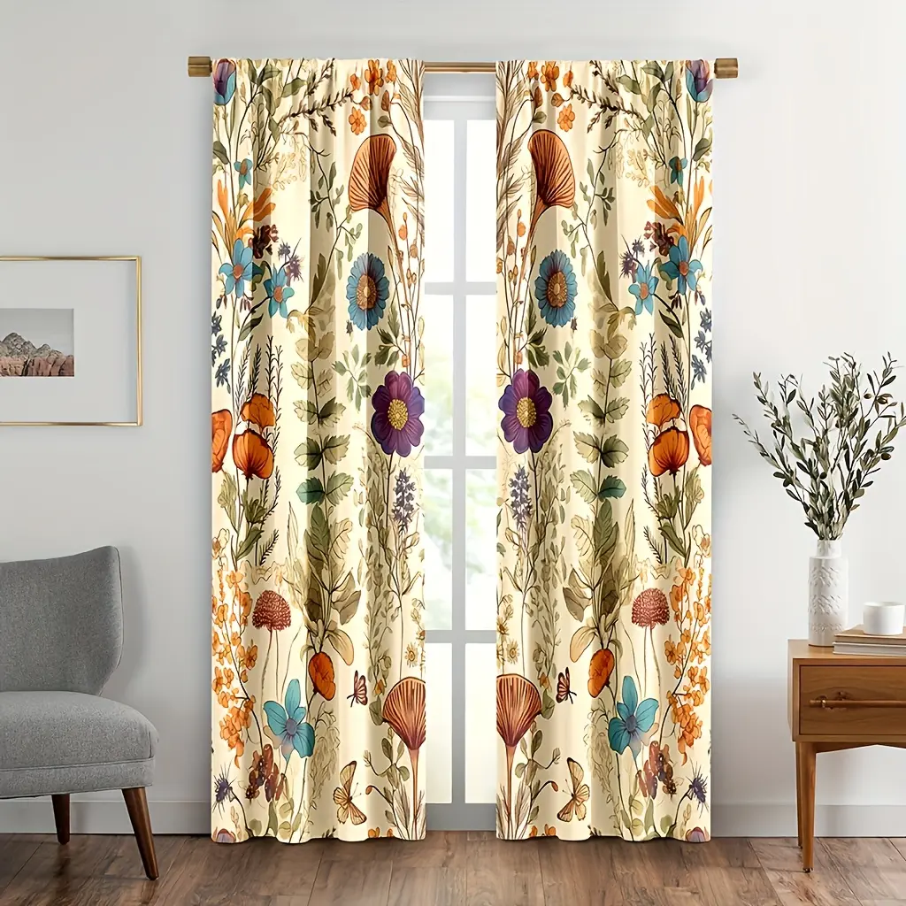 2pcs Vintage Boho Orange Floral Curtains - Home Textile Interior Decoration Accessories, Rod Pocket Polyester Window Drapery, UV Protection, Semi-Transparent, Machine Washable for Bedroom, Living Room
