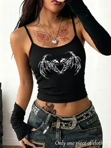 Y2K Gothic Style Sleeveless Top, Adjustable Strap, Heart Print, Slim Fit, Streetwear, Spring Summer, Women's Fashion, Daily Wear