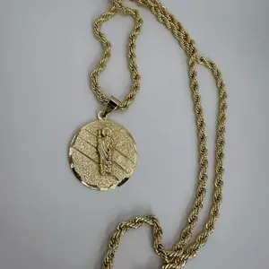 San Judas Tadeo Medallion Necklace Gold Plated Rope Chain