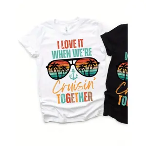 Couples' Matching T-Shirts - "I Love It When We're Cruisin' Together" Palm Tree & Cruise Slogan Design, Retro Casual Short Sleeve Crew Neck, Medium Stretch, Valentine'S Day Gift For Adults, Couples Matching Shirts, Playful Design, Comfortable Fit vet tech