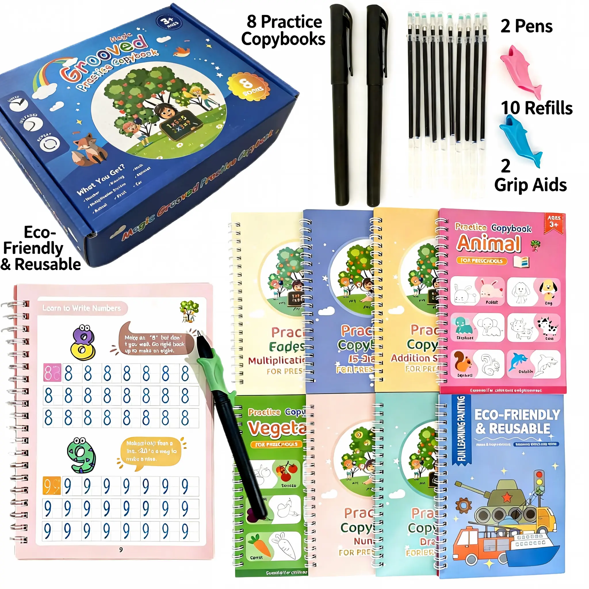 8-in-1 Magic Grooved Practice Copybook for Kids Ages 3-5, Reusable Montessori Preschool Handwriting Workbook with Auto-Fading Ink, 2 Pens, 10 Refills, 2 Pencil Grips, Educational Learning Office Stationery