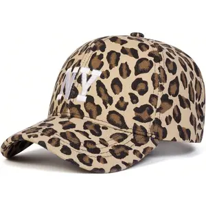Leopard print  , New York embroidery, , NY cotton , unisex, casual sports style Adjustable Embroidered Baseball Cap ball white stylish daily commute sweat free hat girls outdoor leisure sun beach outing