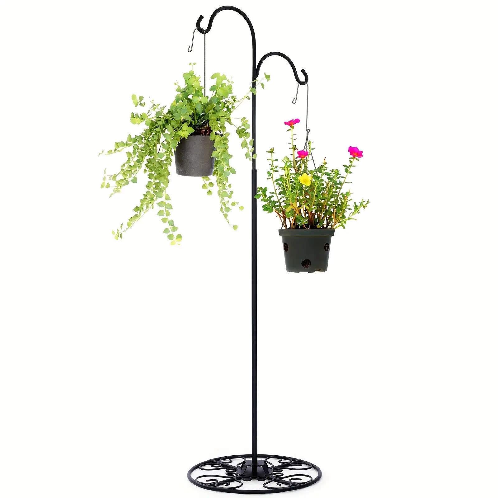 34-55 Inch Adjustable Black Iron Shepherd Hook With Base Indoor Outdoor Hanging Plant Stand Bird Feeder Stand Wind Chime Stand Flower Basket For Garden Plants Weddings Event Home Stylish Decor