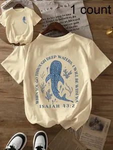 Women's Cartoon Whale & Letter Print Round Neck Tee, Fashion Casual Crew Neck T-Shirt for Daily Holiday Vacation Outdoor Wear, Ladies Clothes for Summer, Lightweight Beach Tshirt, Everyday Womenswear