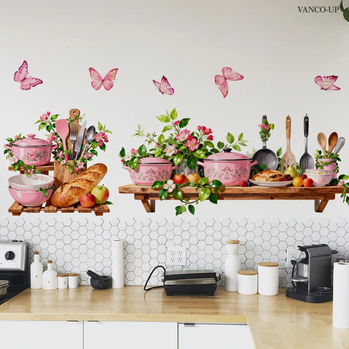 30*90cm hand-painted pink tableware, cookware creative wall sticker, Decorative wall sticker for home, living room, bedroom, kitchen decoration, Adhesive Stickers, Self-adhesive, M20423-KR, Decoration Items