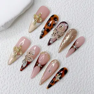 10pcs Long Nail Tips Y2K French Style, Multifunctional 3D DIY Flower Nails, Irregular Leopard Print, Pearl Gold Accents