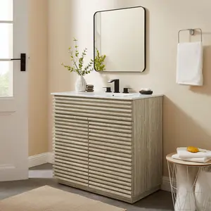 Render 36" Faux Travertine Bathroom Vanity Cabinet (Sink Not Included) in Travertine