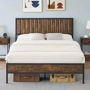Full Bed Frame with Wooden Headboard and Footboard,Metal Full Size Bed Frame, No Box Spring Needed,14 inch Easy to Assemble Noise Free Mattress Foundation,Rustic Brown