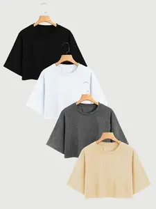 4 Pack Womens Oversized Half Sleeve Crop Tees 2026 Trendy Crew Neck Drop Shoulder T Shirts Casual Loose Fit Basic Tops Minimalist Streetwear for Summer Daily Going Out Loungewear Soft Comfy Solid Color Tops Multiple Colors Available
