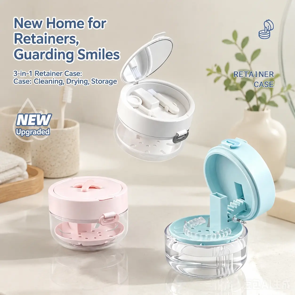 Retainer Cleaner Case with Drain Tray, Mirror and Brush - Toothbrush-Compatible Travel Storage Soak Container for Bathroom Home Supplies