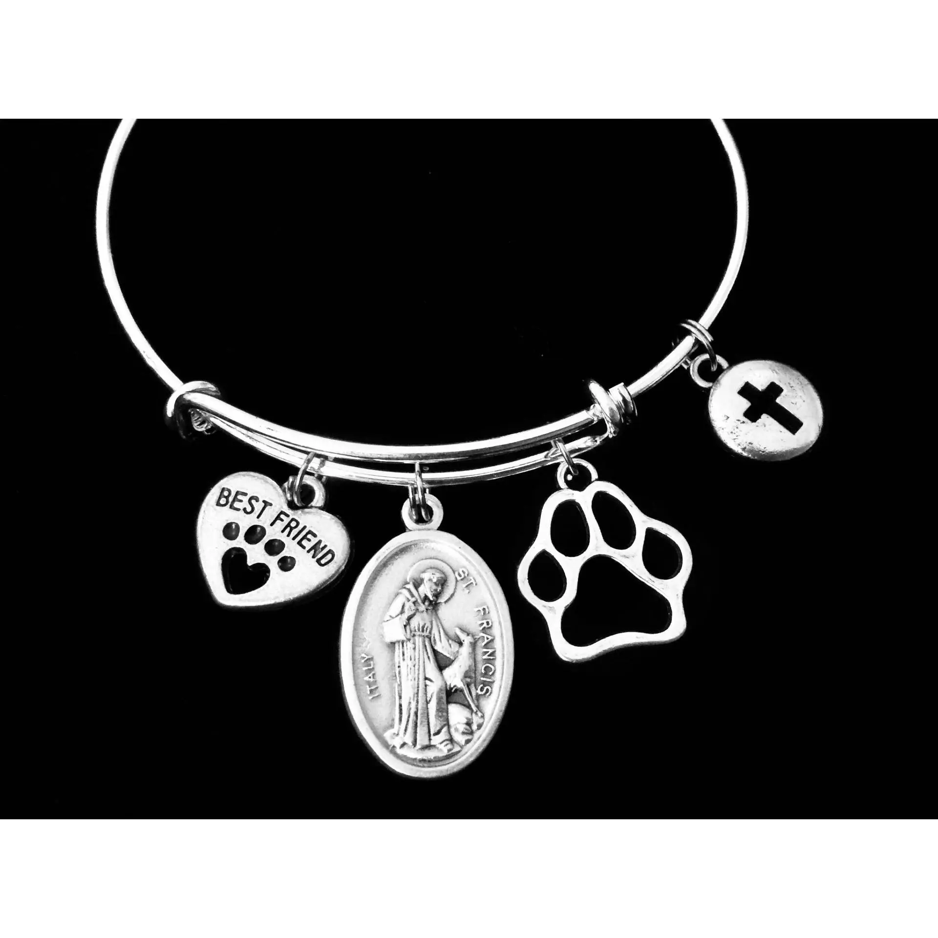 St Francis Pet Memorial Bracelet, Dog Cat Loss Gift, Silver Plated Paw Charm Bangle, Personalized Initial, Animal Lover Sympathy Jewelry