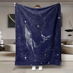 Starry Blue Whale Flannel Blanket, Soft Lightweight Warm, Perfect for Bedroom Holiday Decor, All Seasons, Bed Sofa Office Camping Travel Gift, Soft Throw Blanket