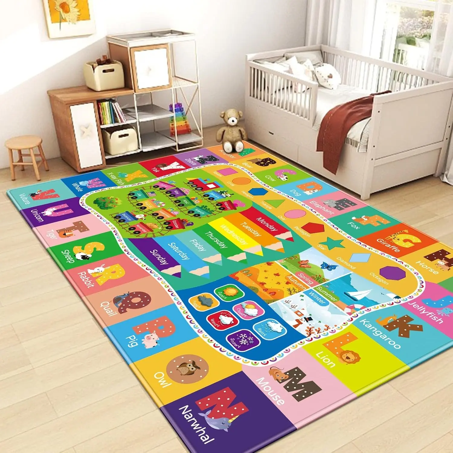 Kids Educational Learning Play Rug, ABC Alphabet Animal Days Seasons Shapes Learning Playmat, Soft Flannel Non Slip Toddler Crawling Carpet for Nursery Playroom Bedroom mat cotton baby playmats thicken