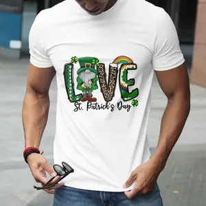 St. Patrick's Day T-shirt - "LOVE-Themed" Gnome Shamrock Rainbow Print Design, Casual Crew Neck Short-Sleeved T-shirt, All Seasons Suitable, Comfortable & Versatile, Festive Green Style, Holiday Fun Graphic Apparel