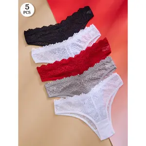 5pcs Women'S Elegant Low-Rise Thong Panties - Solid Color Lace Trim, Medium Support, Soft Breathable Fabric, 5 Styles (Black, White, Red, Gray, Beige) for Casual Attire, Lace Trim Panties, Comfortable Underwear, Sophisticated Design, Durable Underwear