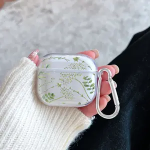 Green Leaf Reverie Pattern Protective Case for AirPods 4/3/2/1/Pro/Pro2 Soft TPU Earphone Cover, Transparent with Keychain