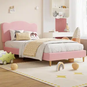 Garvee Upholstered Full-Size Bed Frame for Kids with Scallop Headboard, Cute Velvet Full Bed for Girls, Boys, Sturdy Platform Bed, No Box Spring Needed