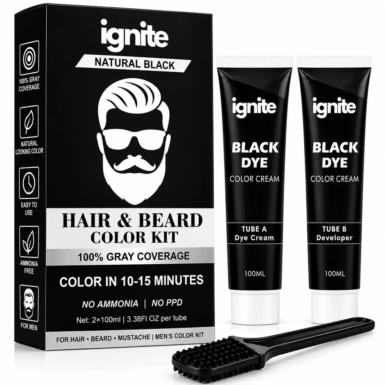 Ignite Men's Haircare 100ml Natural Black Hair and Beard Dye Kit, Reusable Brush-Applicator Comb, Gray Coverage for Facial Hair