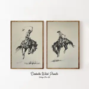 [UNFRAMED POSTER] Set of 2 Western Cowboy Sketch Poster, Vintage Wall Art, Mid-Century Decor, Cowboy-Inspired Antique Painting, Rustic Artwork for Home or Office