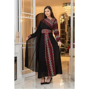 Asymmetric-Neck Long Embroidered Thobe Dress with Belt Embroidery Womenswear Elegant Matching Evening