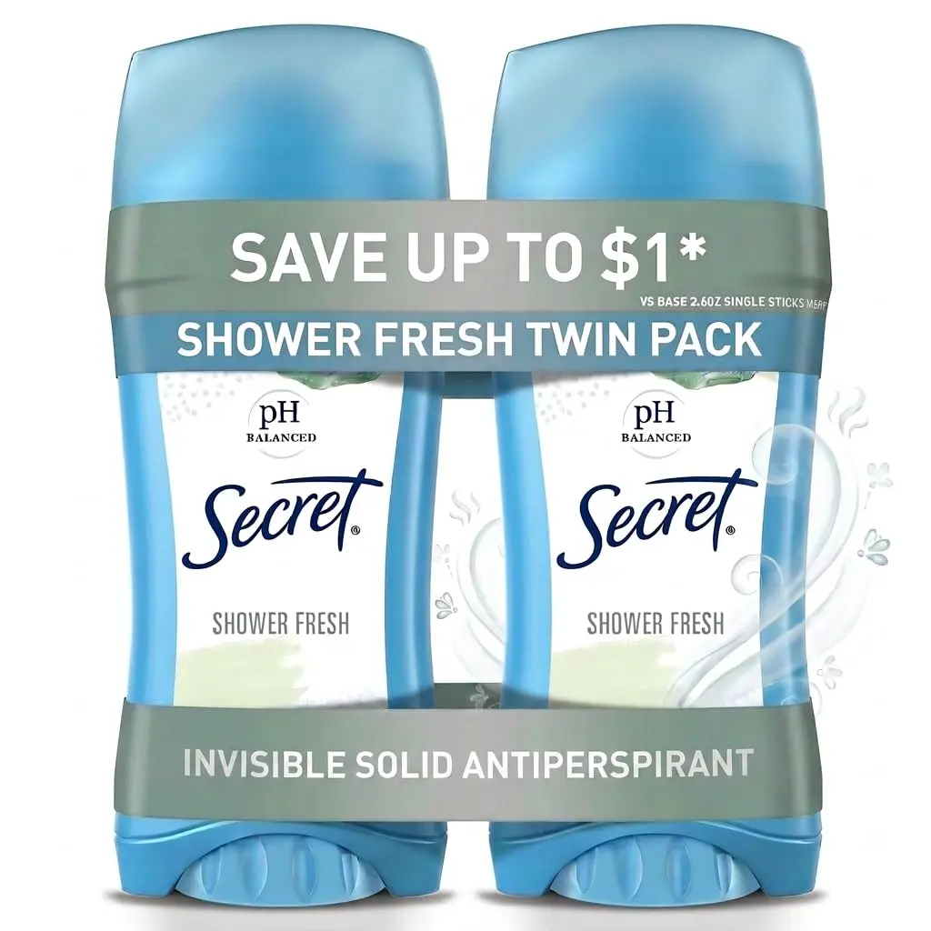Secret Antiperspirant and Deodorant for Women, 24hr Sweat & Odor Protection, PH Balanced Protection, Gentle on Skin, Invisible Solid, Shower Fresh Scent, 2.6 oz (Pack of 2)
