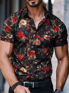 Men's Rose Print Short Sleeve Shirt, Loose Casual Comfy Breathable Hawaiian Shirt for Summer, Casual Party Shirt, Men's Clothes for Beach Vacation, Menswear